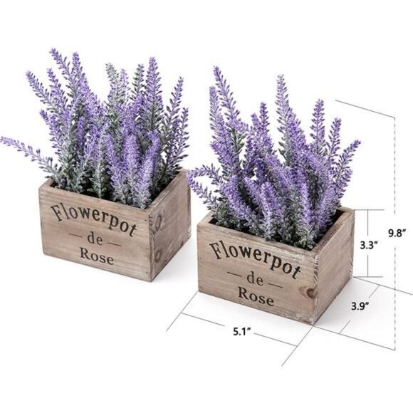 2Pcs Purple Faux Lavender Flowers with Small Wooden Box Plant Pot 5" - Picture 1 of 6